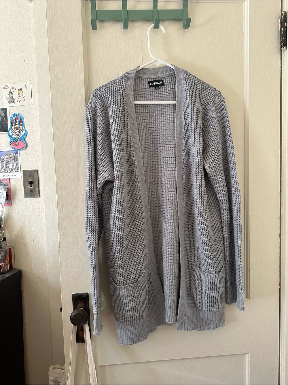 Carbon Light Gray Open Knit Pocket Cardigan